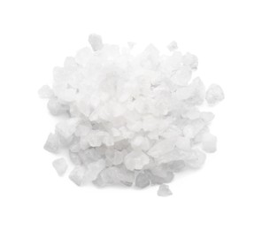 Photo of Pile of sea salt isolated on white, top view