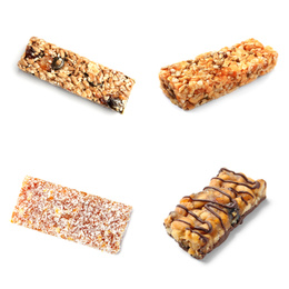 Image of Set with different grain cereal bars on white background 