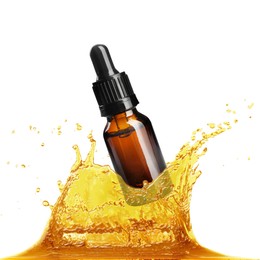 Image of Bottle of cosmetic product in essential oil against white background
