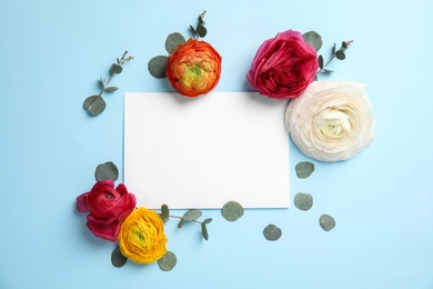 Photo of Flat lay composition with spring ranunculus flowers and card on color background. Space for text