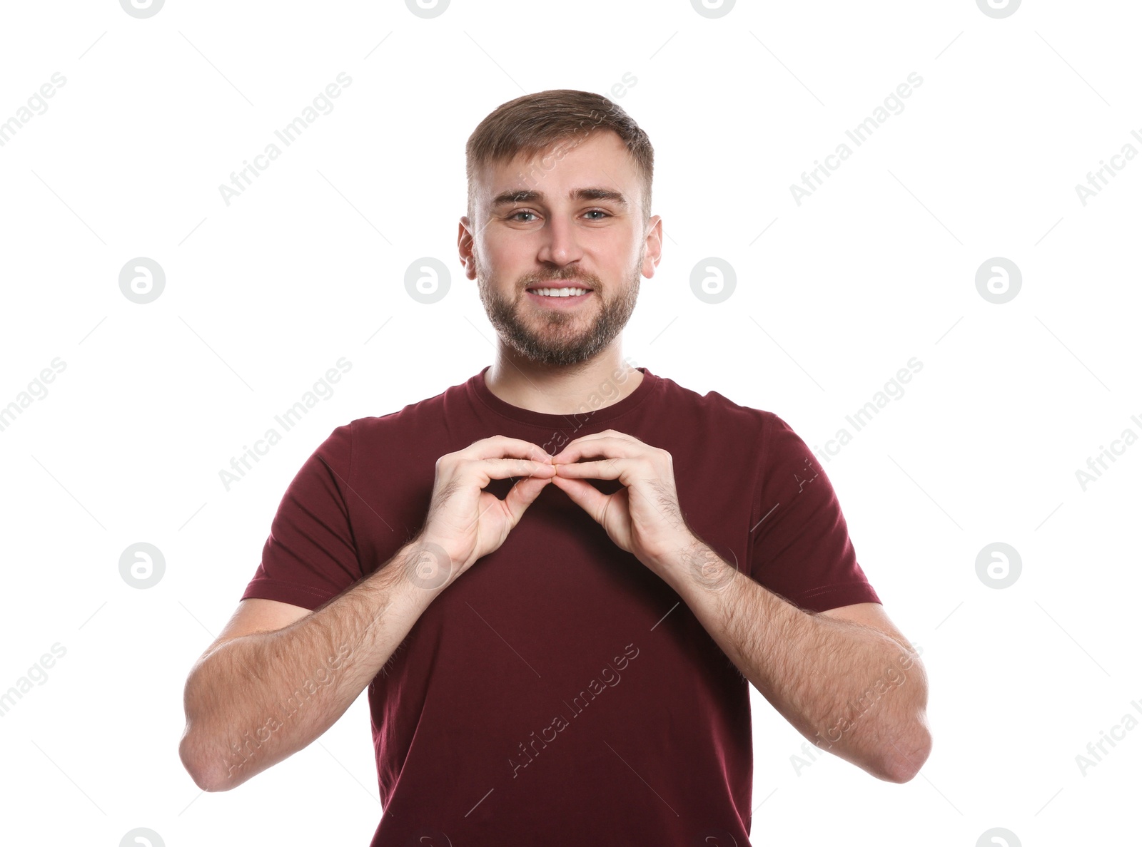 Photo of Man using sign language on white background