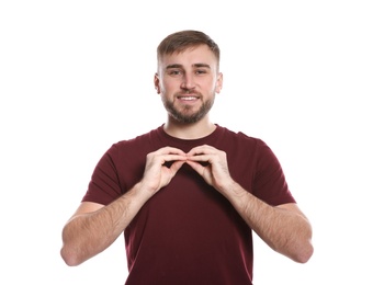 Photo of Man using sign language on white background