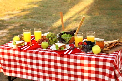 Picnic table with different snacks and drink in park