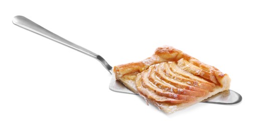 Photo of Cake server with piece of delicious apple pie isolated on white