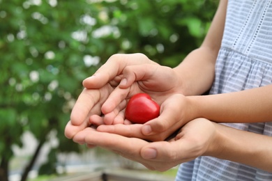 Photo of Family holding small red heart in hands together outdoors, closeup