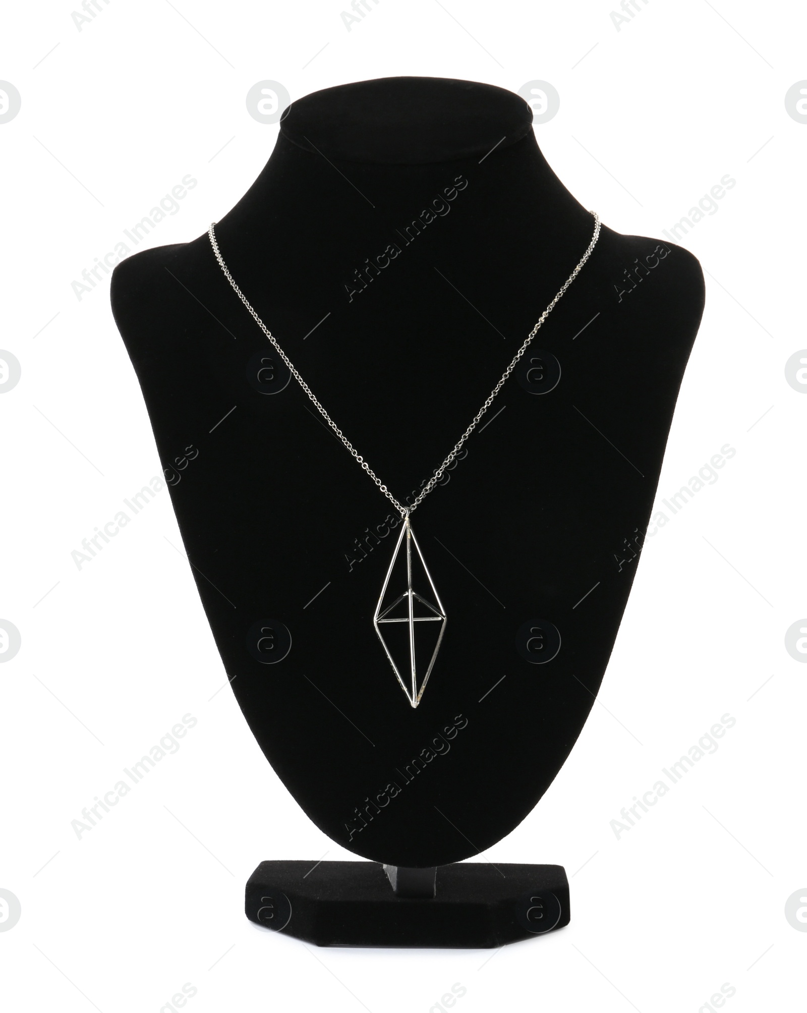 Photo of Stylish silver necklace on jewelry bust against white background