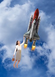 Image of Rapid business development. Happy woman holding on to rocket rising up into sky. Illustration of spaceship