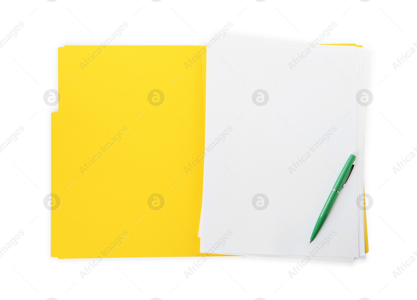 Photo of Yellow file with blank sheets of paper and green pen isolated on white, top view. Space for design