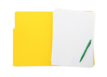 Photo of Yellow file with blank sheets of paper and green pen isolated on white, top view. Space for design