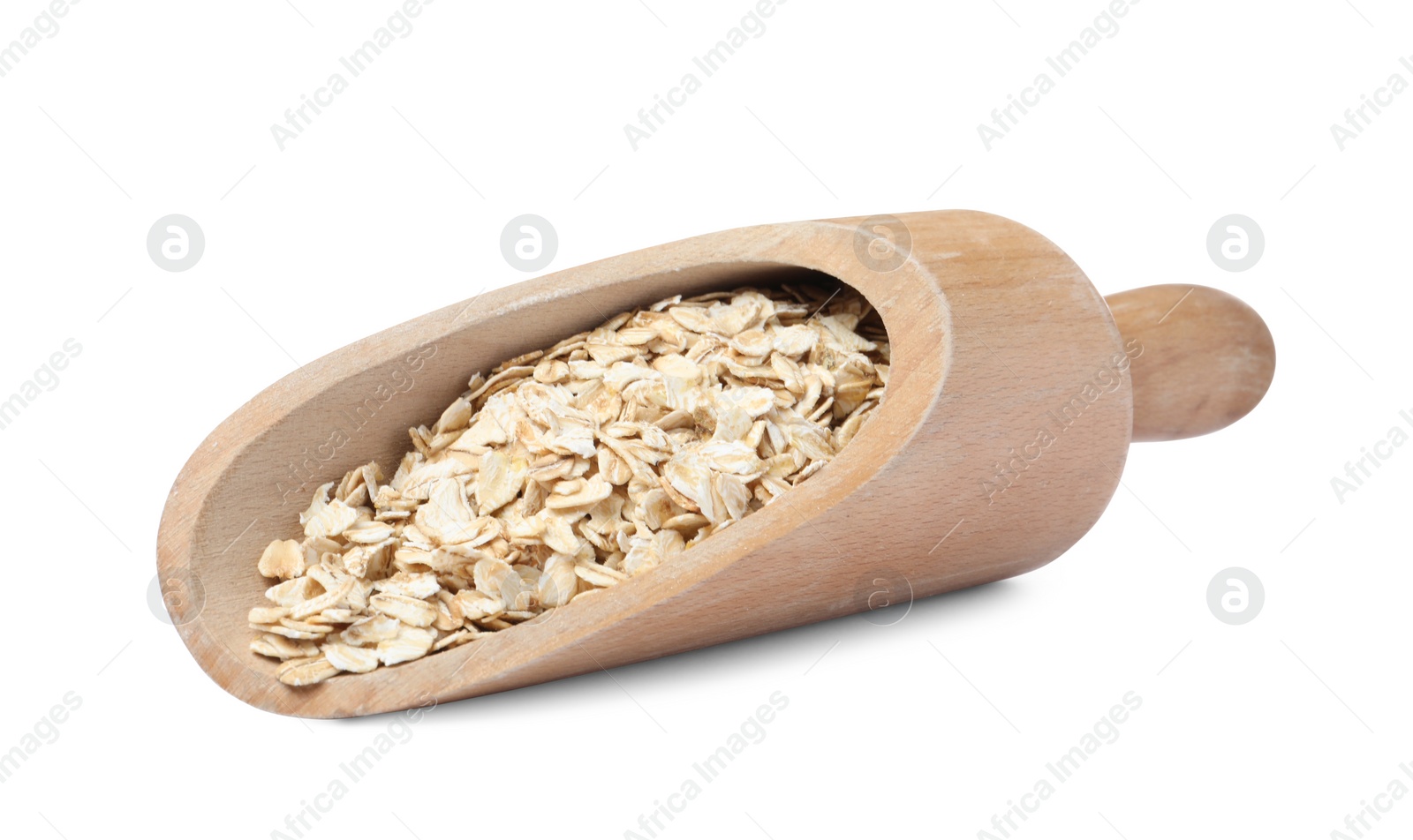 Photo of Raw oatmeal in wooden scoop on white background