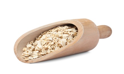 Photo of Raw oatmeal in wooden scoop on white background