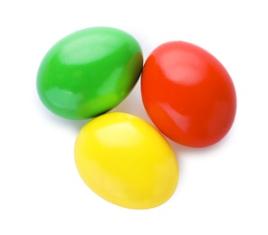 Photo of Dyed Easter eggs on white background, top view. Festive tradition