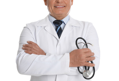 Photo of Senior doctor with stethoscope on white background, closeup