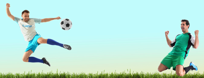 Young men playing football on color background, space for text. Banner design