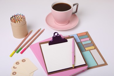 Photo of To do notes, planner, stationery and coffee on white background