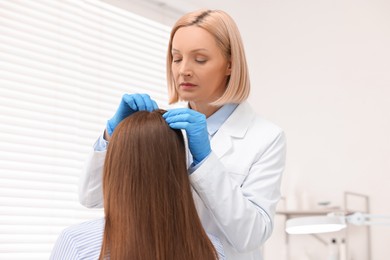 Trichologist in gloves examining patient`s hair in clinic