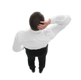 Photo of Man in formal clothes on white background, back view