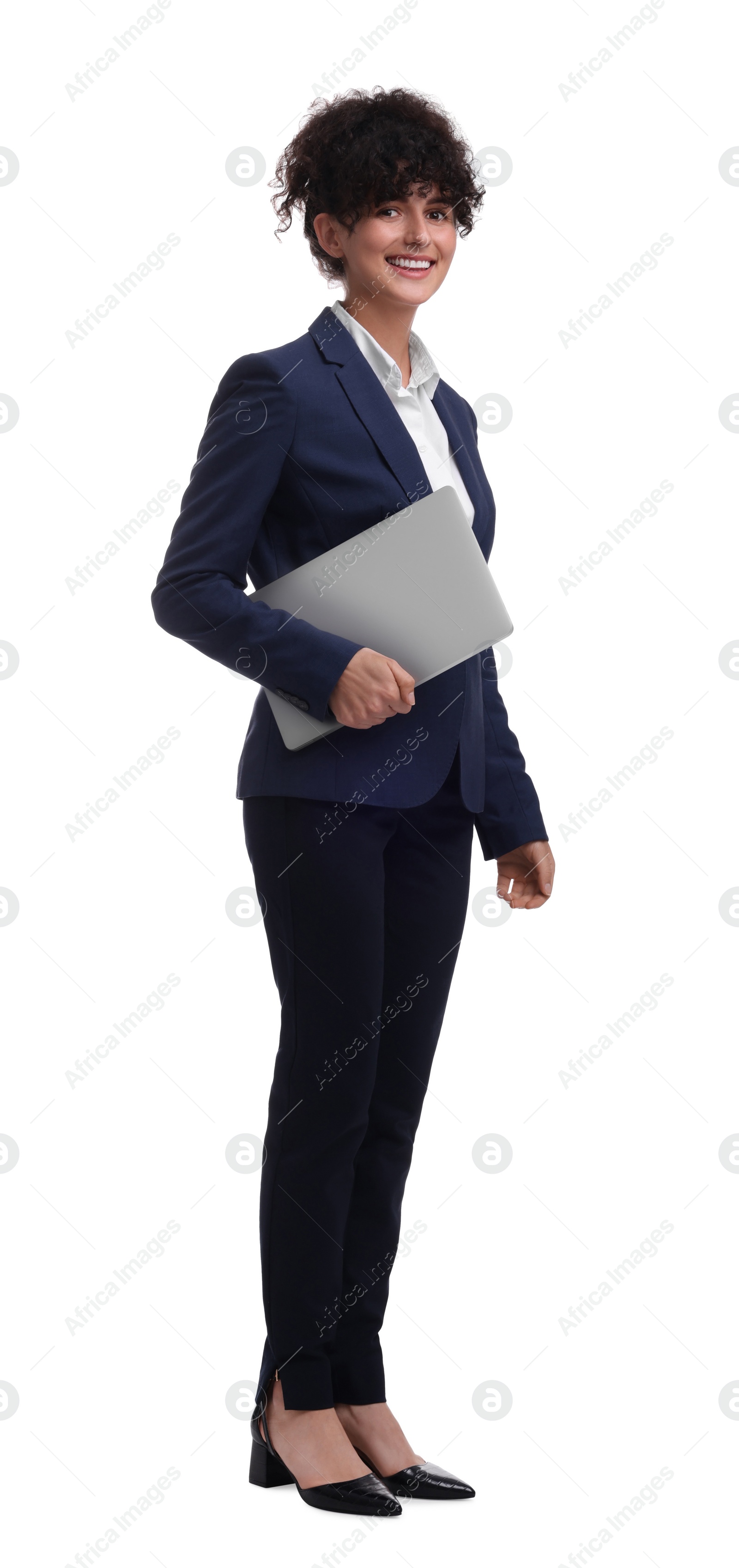 Photo of Beautiful businesswoman in suit with laptop on white background