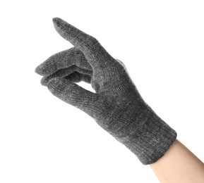 Woman in grey woolen glove on white background, closeup. Winter clothes