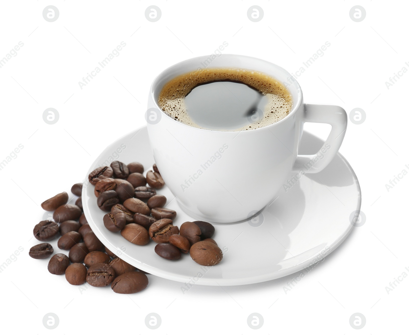 Photo of Cup with delicious hot coffee on white background