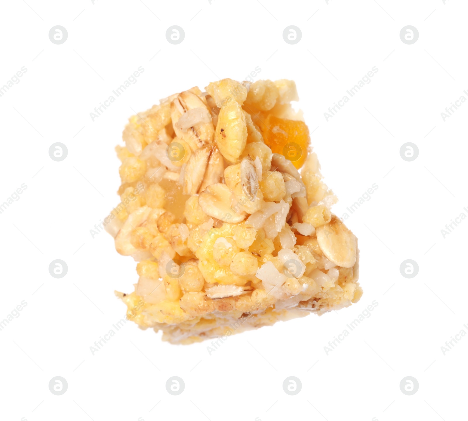 Photo of One piece of tasty granola bar isolated on white