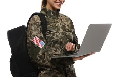 Female cadet with backpack and laptop on white background, closeup. Military education