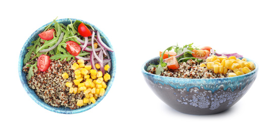 Image of Bowls with healthy quinoa salad with vegetables on white background 