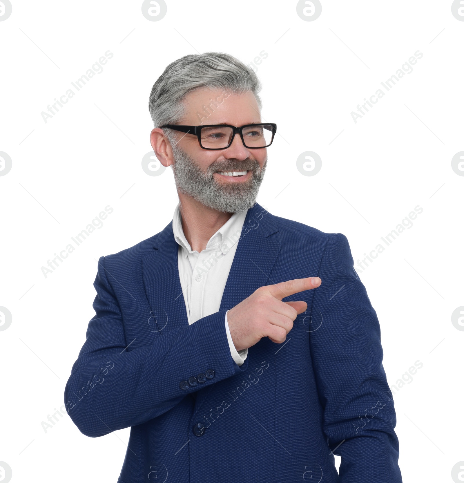 Photo of Mature businessman in stylish clothes posing on white background