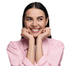 Beautiful woman with clean teeth smiling on white background