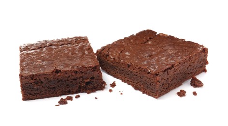 Delicious chocolate brownies on white background. Tasty dessert