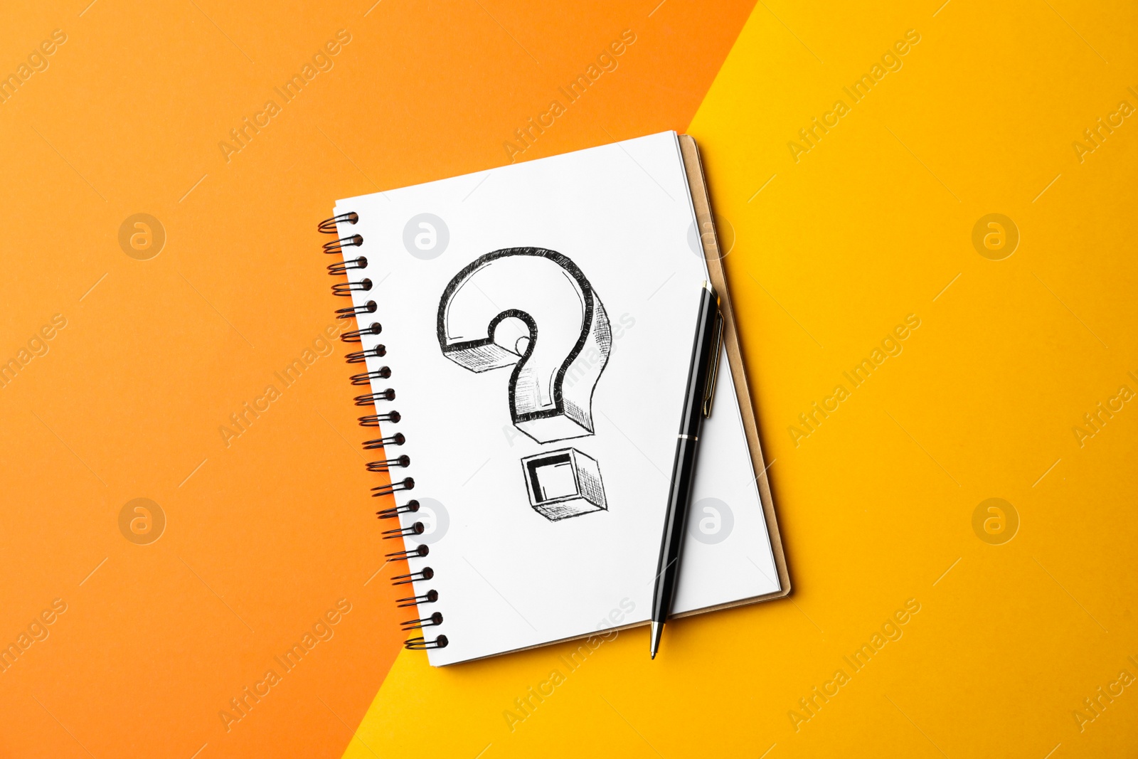 Photo of Notebook with question mark and pen on color background, top view