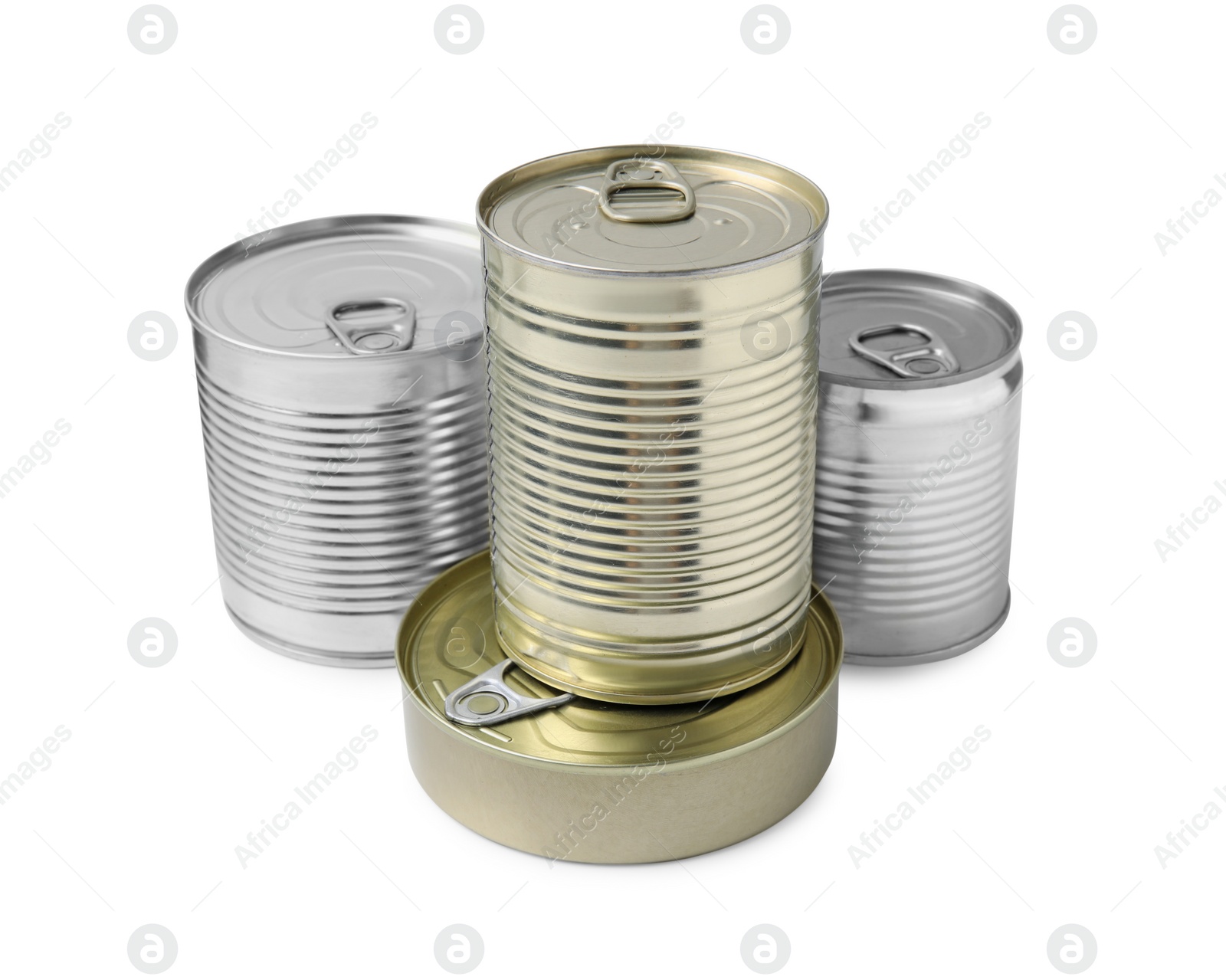 Photo of Many closed tin cans isolated on white