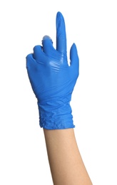 Photo of Woman in blue latex gloves pointing at something on white background, closeup of hand