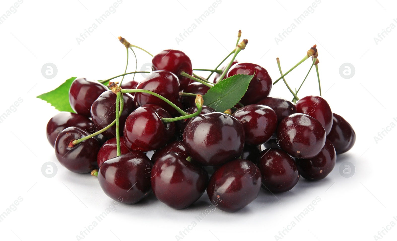 Photo of Sweet red cherries with leaves on white background