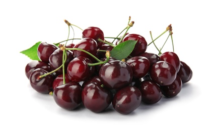 Photo of Sweet red cherries with leaves on white background