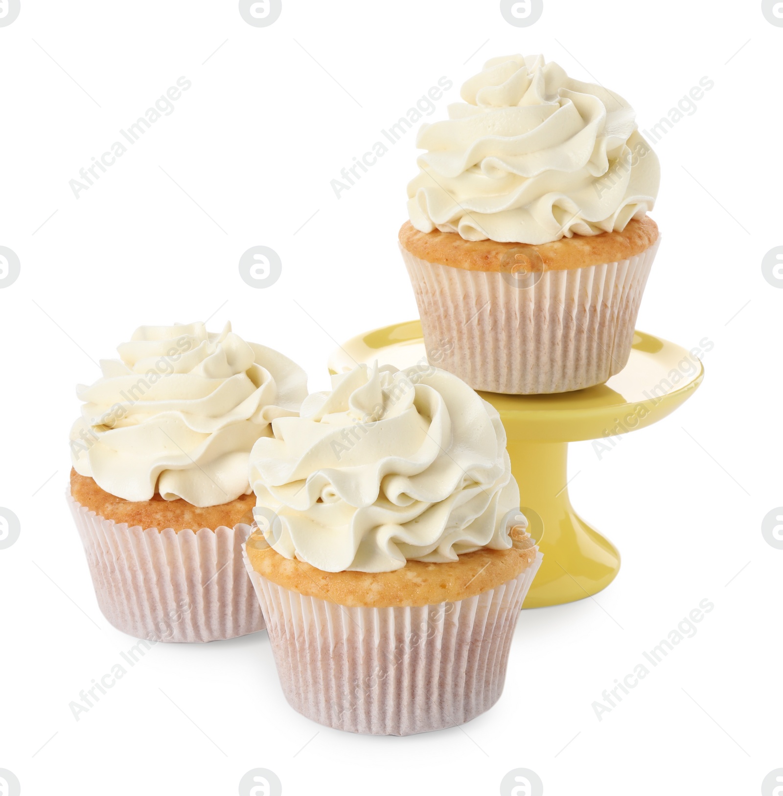 Photo of Tasty vanilla cupcakes with cream isolated on white