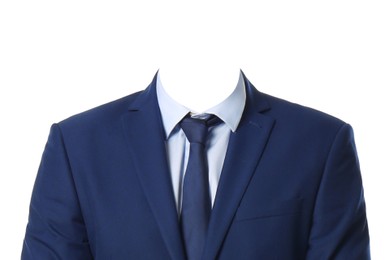 Formal wear replacement template for passport photo or other documents. Jacket and shirt with necktie isolated on white