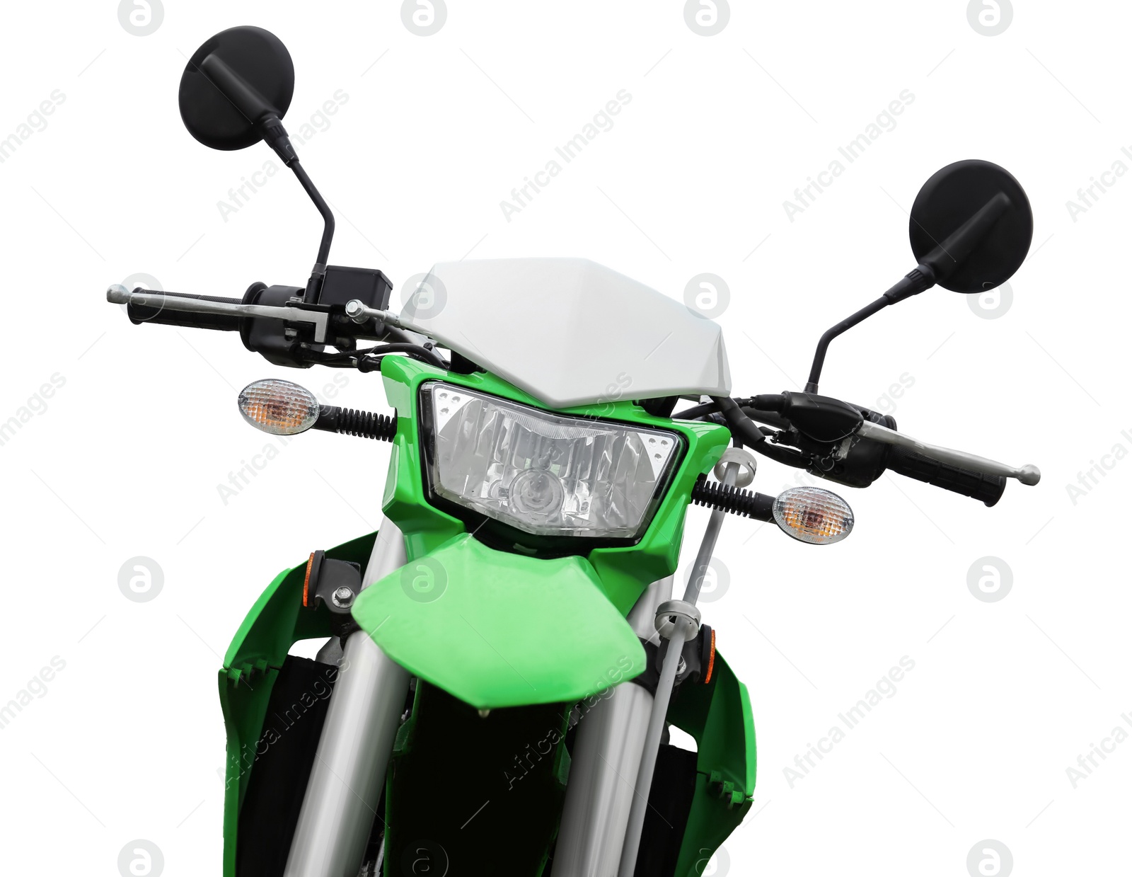 Image of Stylish green cross motorcycle on white background