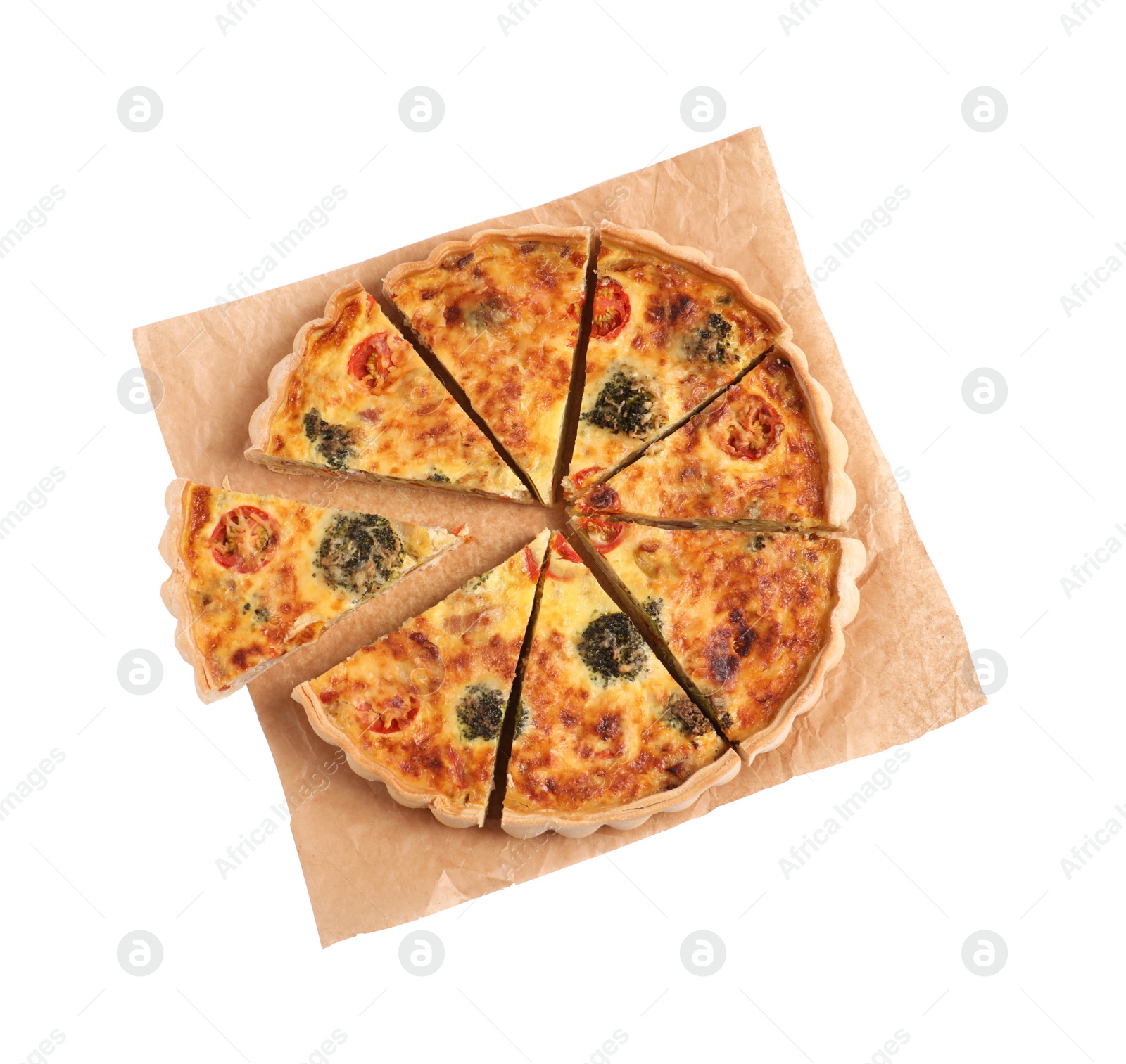 Photo of Delicious homemade vegetable quiche isolated on white, top view