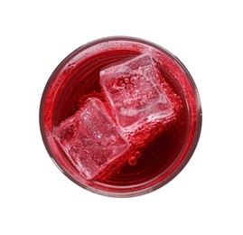 Glass of refreshing soda water with ice cubes isolated on white, top view