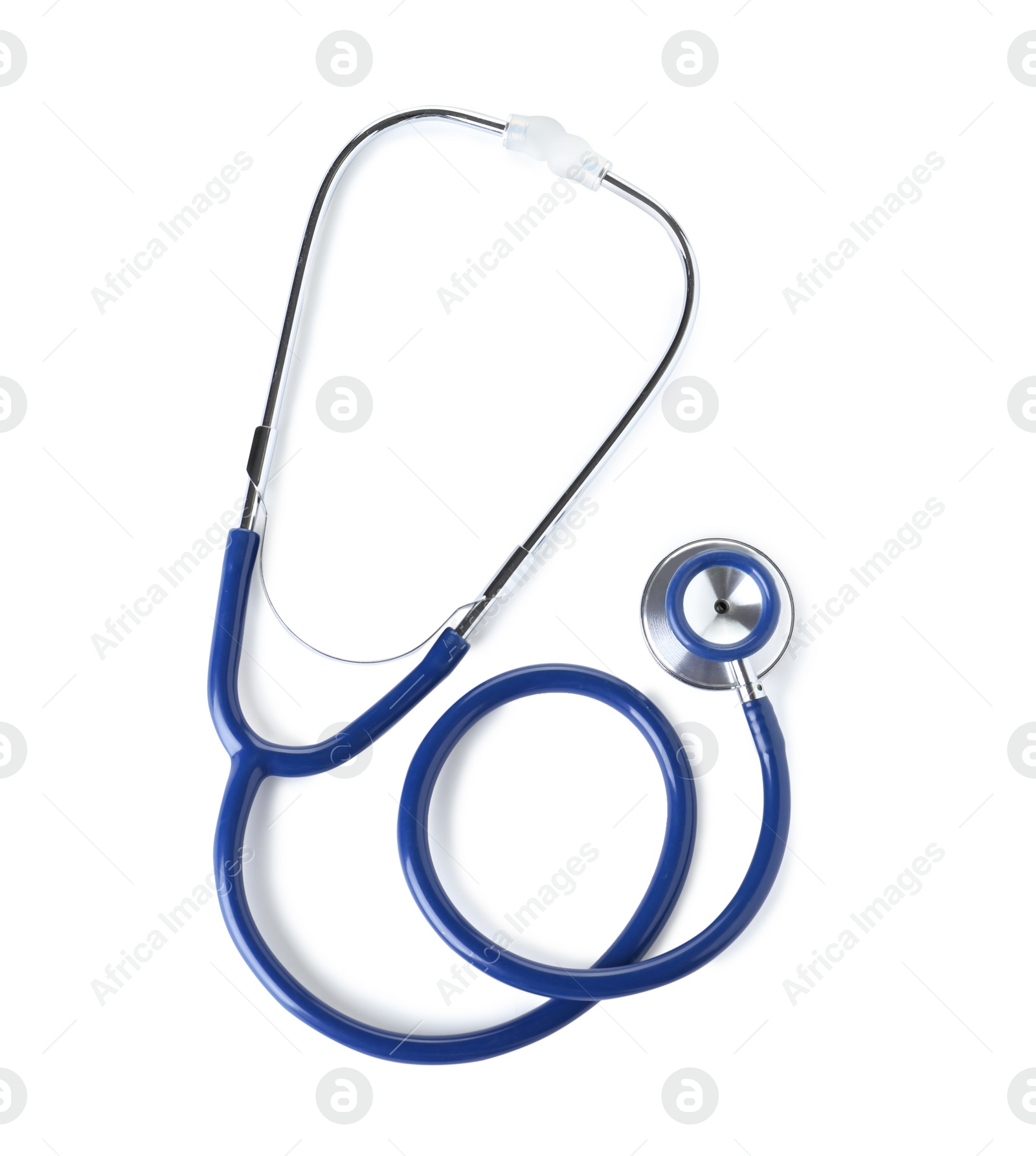 Photo of Stethoscope on white background, top view. Medical device