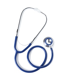 Photo of Stethoscope on white background, top view. Medical device