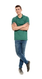 Photo of Full length portrait of young man in stylish clothes on white background