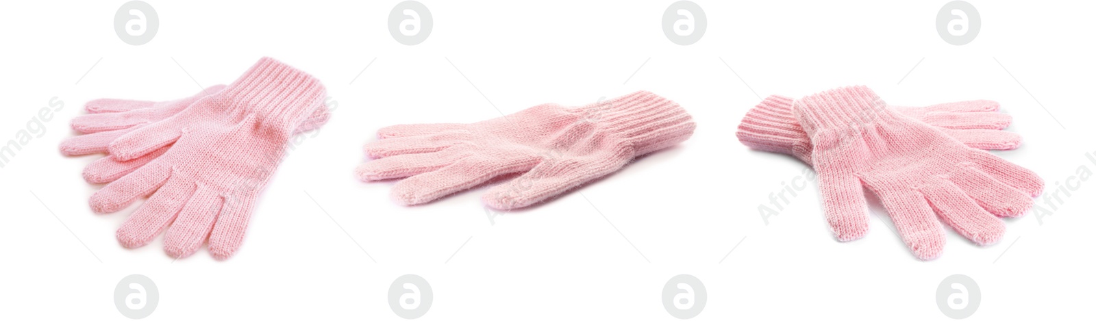 Image of Set of pink woolen gloves on white background. Banner design 