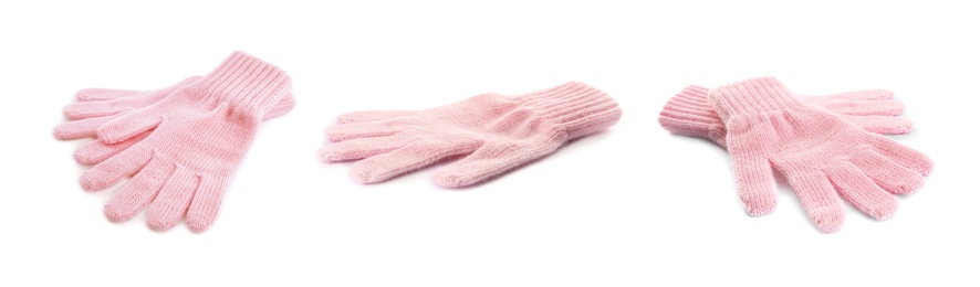 Image of Set of pink woolen gloves on white background. Banner design 