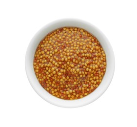 Photo of Fresh whole grain mustard in bowl isolated on white, top view