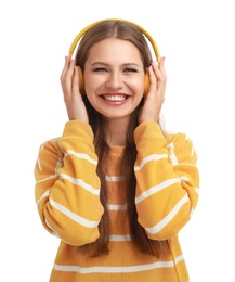 Photo of Young woman listening to music with headphones on white background