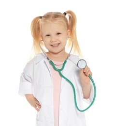 Photo of Cute little child in doctor coat with stethoscope on white background