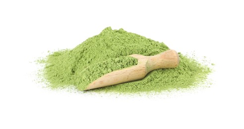 Scoop with green matcha powder isolated on white
