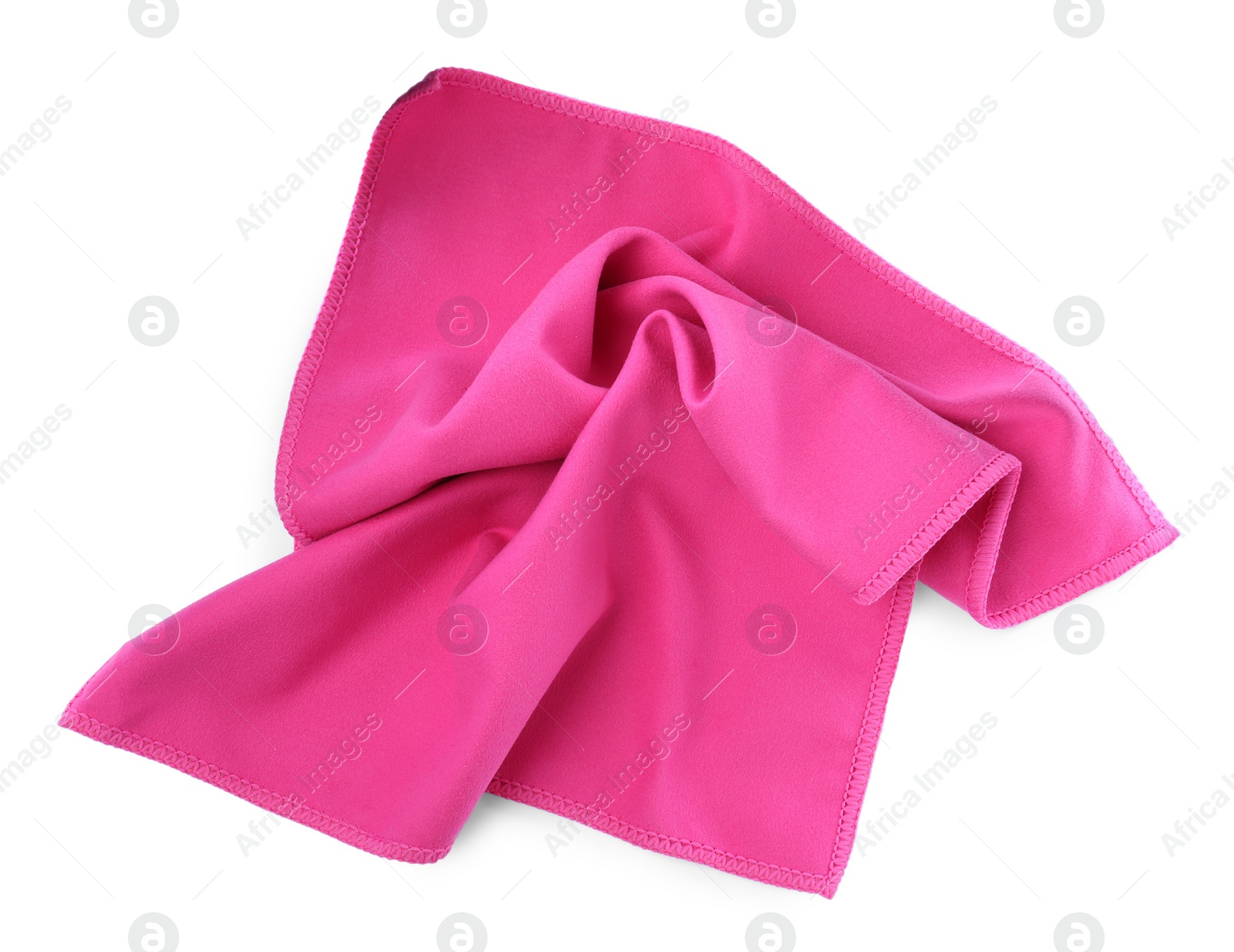 Photo of Pink microfiber cloth isolated on white, top view